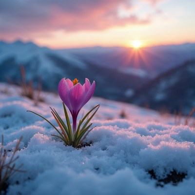 Pink crocus blooming in snowy mountains