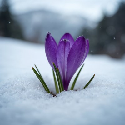Purple crocus blooming in snow