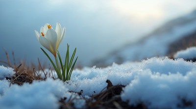 White crocus blooming in snow