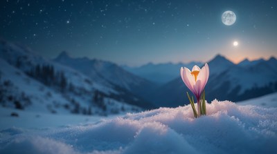 Crocus flower blooming in snowy mountains
