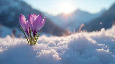 Purple crocuses blooming in snow