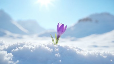 Purple crocus blooming in snow
