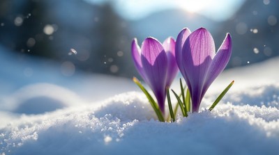 Purple crocuses blooming in snow