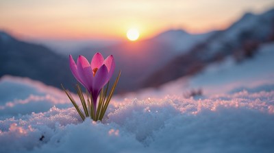 Pink crocus blooming in snowy mountains