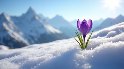 Purple crocus blooming in snowy mountains