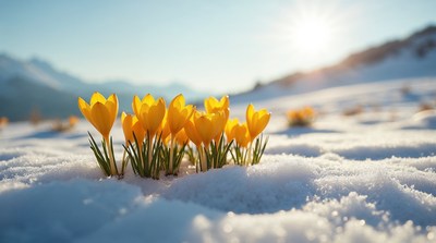 Yellow crocuses blooming in snow
