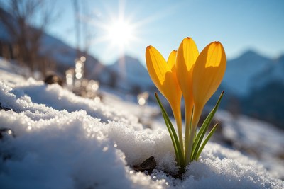 Yellow crocuses blooming in snow