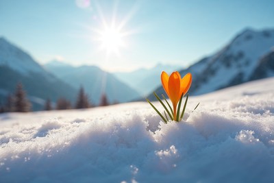 Orange crocus blooming in snowy mountains