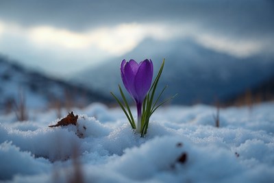 Purple crocus blooming in snow