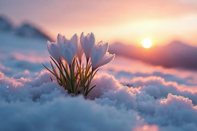 White crocuses blooming in snow