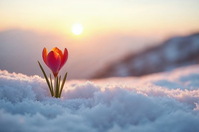 Red crocus blooming in snow at sunrise
