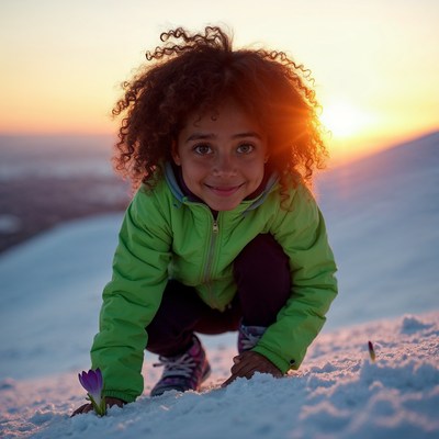 Curly-haired girl holding crocus in snow