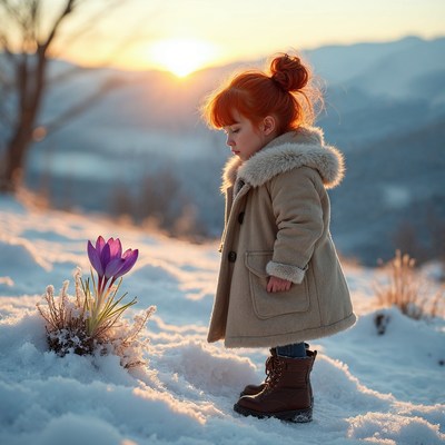 Redhead girl examining crocus flower in snow