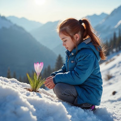 Girl holding crocus flower in snowy mountains