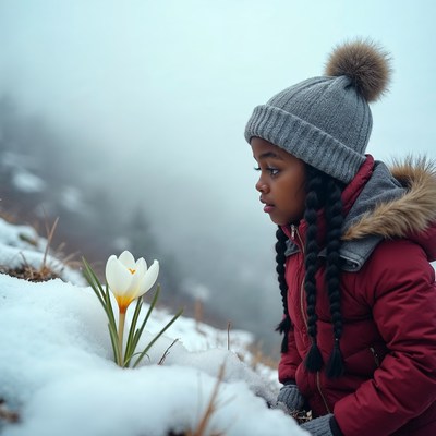 African-American girl smelling snow crocus