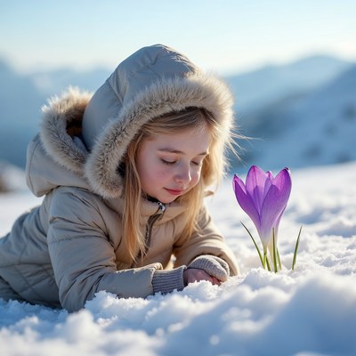 Girl discovering purple crocus in snow