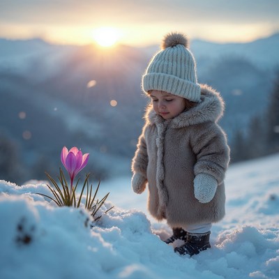 Toddler girl admires crocus in snowy mountains