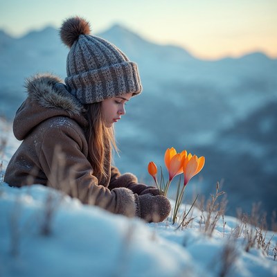 Girl smelling crocuses in snowy mountains
