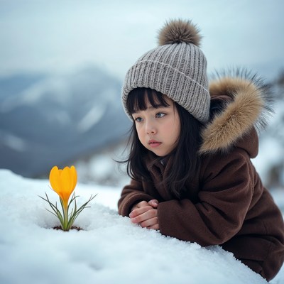 Asian girl with crocus flower in snow