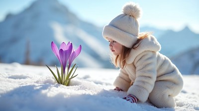 Girl examining purple crocus in snow