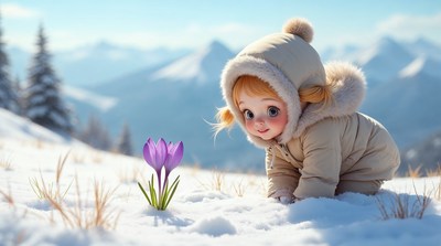 Girl discovering purple crocus in snow