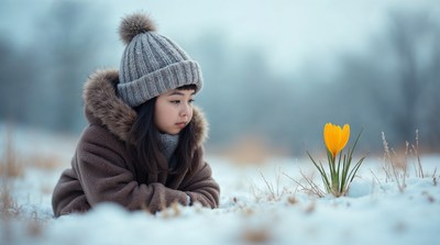 Asian girl admiring crocus in snow