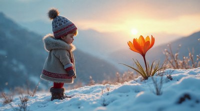 Toddler girl admiring crocus flower in snow