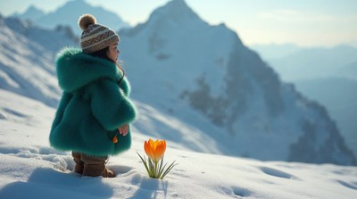 Girl in green coat with crocus in snowy mountains