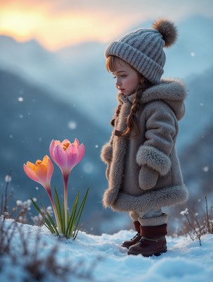 Girl admiring tulips in snowy mountains