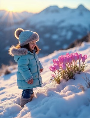 Girl admiring pink tulips in snowy mountains