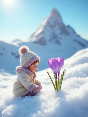 Baby girl admiring purple crocus in snowy mountains