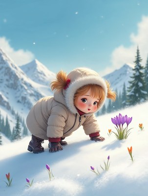 Girl examining crocuses in snowy mountains