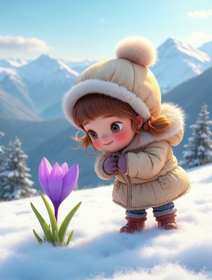 Cute girl smelling purple crocus in snow
