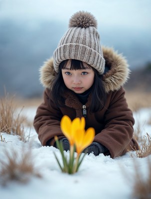 Asian girl holding crocus in snow