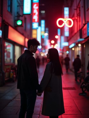 Asian couple holding hands in neon-lit alley