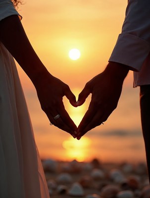 Couple forming heart with hands at sunset