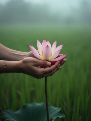 Hands holding pink lotus flower