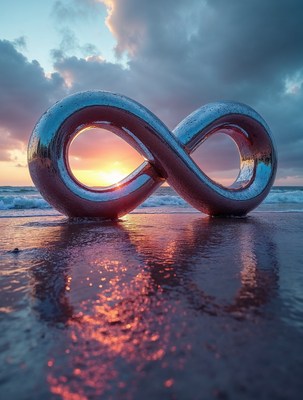 Shiny Infinity Symbol on Beach at Sunset