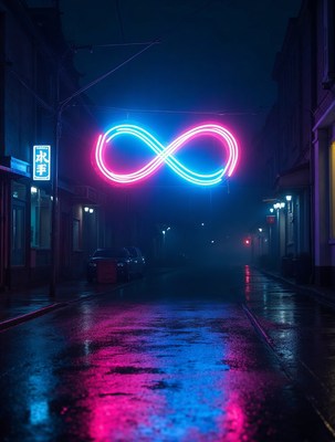 Neon Infinity Sign on Wet Night Street