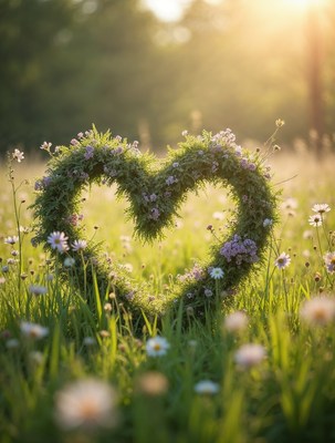 Heart-shaped moss wreath in wildflower field
