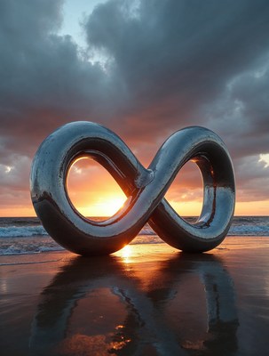 Shiny Infinity Symbol on Beach Sunset