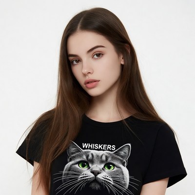 Woman wearing Whiskers cat t-shirt