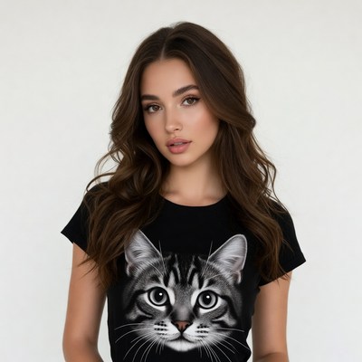 Woman wearing cat face t-shirt