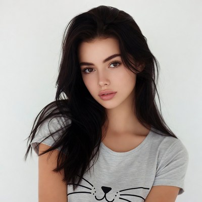 Woman in gray cat t-shirt