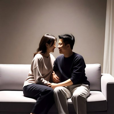 Asian couple gazing lovingly on couch