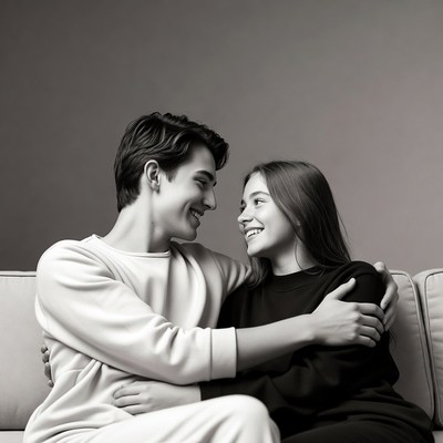 Young couple smiling on couch