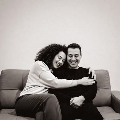 Smiling couple embracing on couch