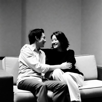 Asian couple smiling on couch