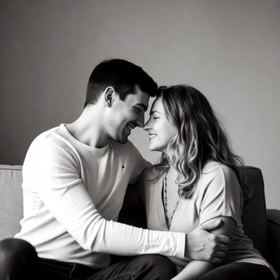 Couple foreheads touching on couch