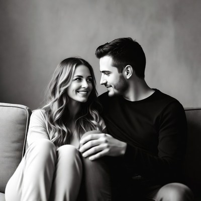 Smiling couple embracing on couch